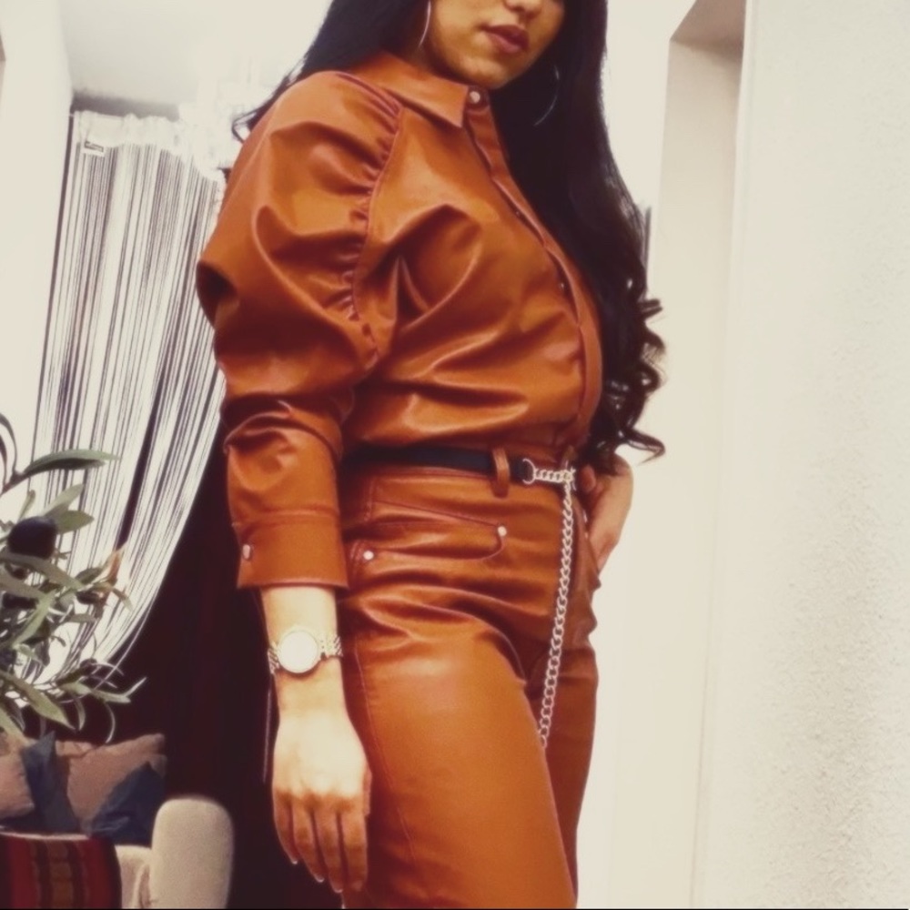 ZARA blogger tan leather puff sleeve button shirt - Picture 3 of 6
